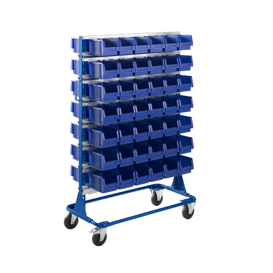 Mobile rack, height 1588 mm, mobile rack with 84 open fronted storage bins, gentian blue.