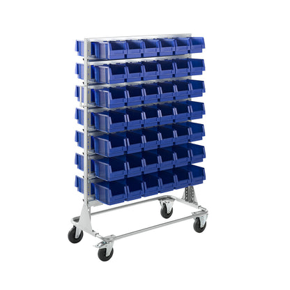 Mobile rack, height 1588 mm, mobile rack with 84 open fronted storage bins, light grey.