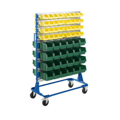 Mobile rack, height 1588 mm, mobile rack with 112 open fronted storage bins, gentian blue.