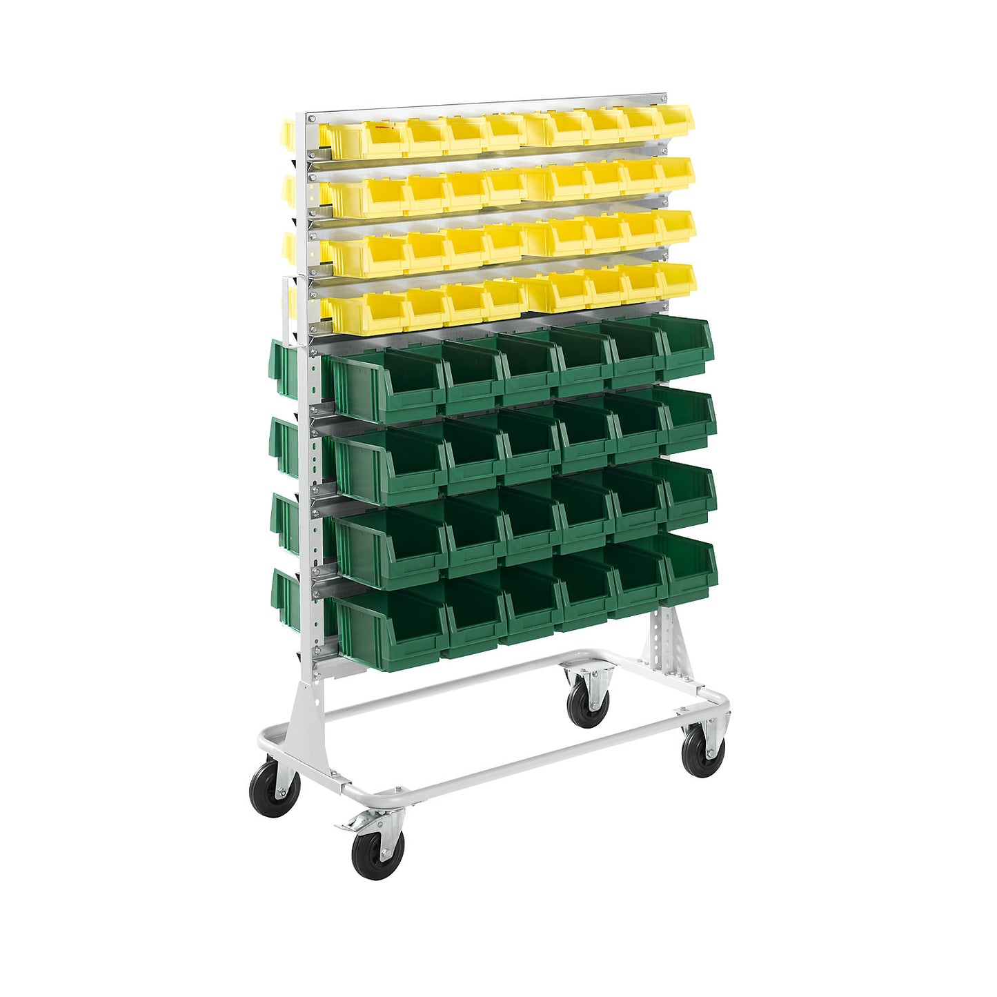 Mobile rack, height 1588 mm, mobile rack with 112 open fronted storage bins, light grey.