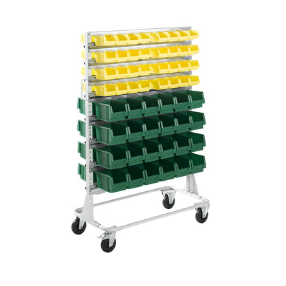 Mobile rack, height 1588 mm, mobile rack with 112 open fronted storage bins, light grey.