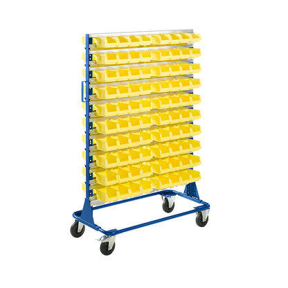 Mobile rack, height 1588 mm, mobile rack with 160 open fronted storage bins, gentian blue.