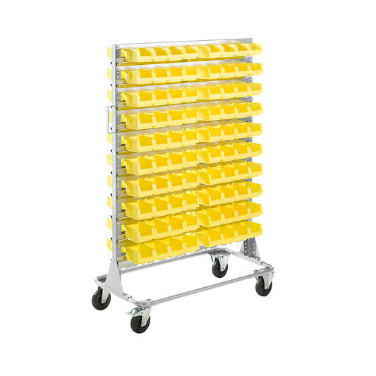 Mobile rack, height 1588 mm, mobile rack with 160 open fronted storage bins, light grey.
