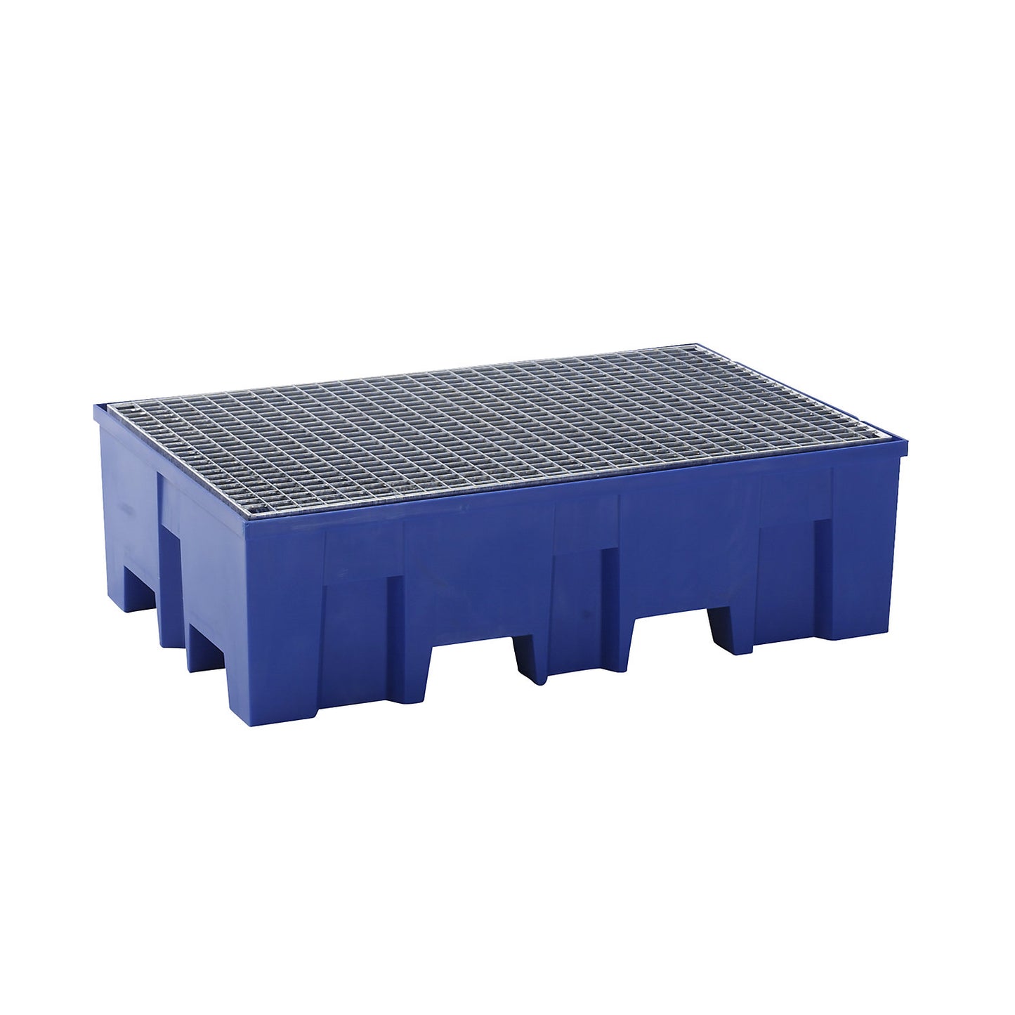PE sump tray for 2 x 200 litre drums, clearance for forklift, height 350 mm, with zinc plated grate.