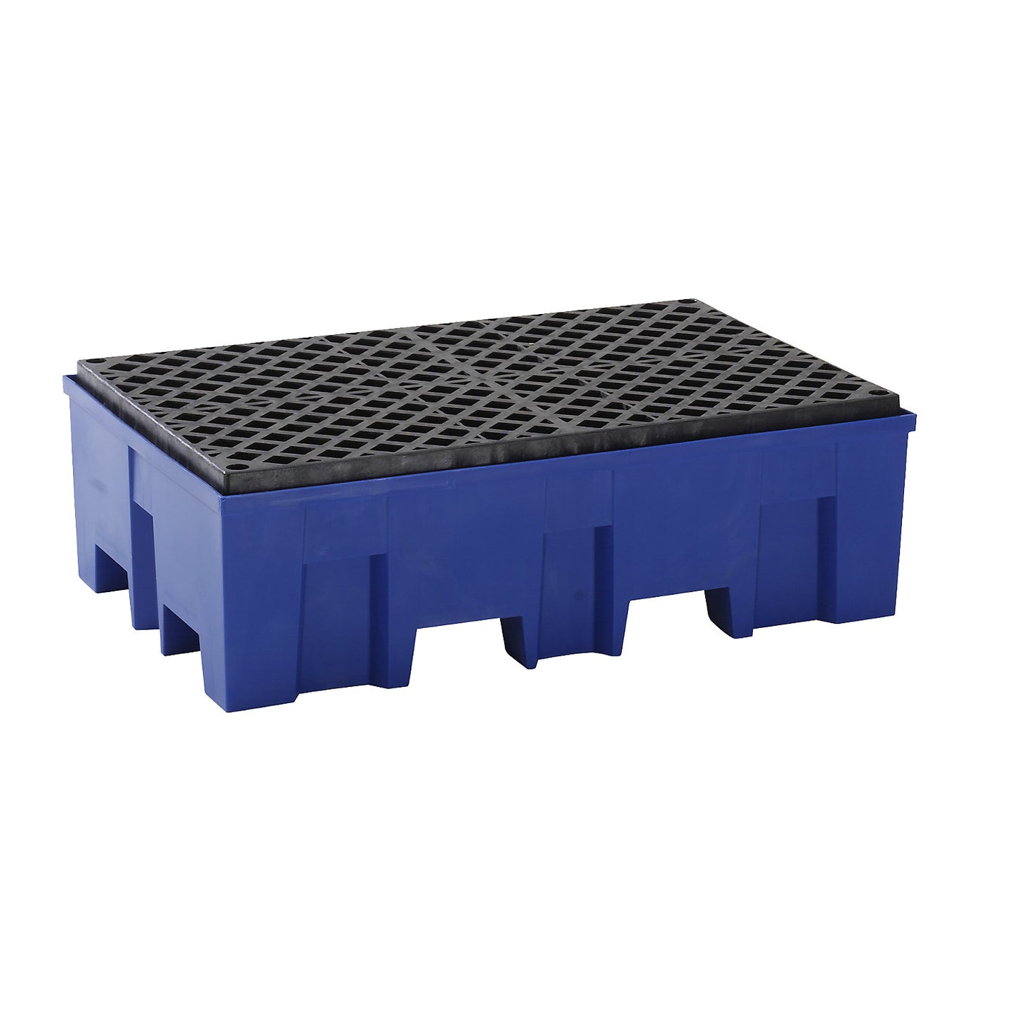 PE sump tray for 2 x 200 litre drums, clearance for forklift, height 350 mm, with PE mesh grid.