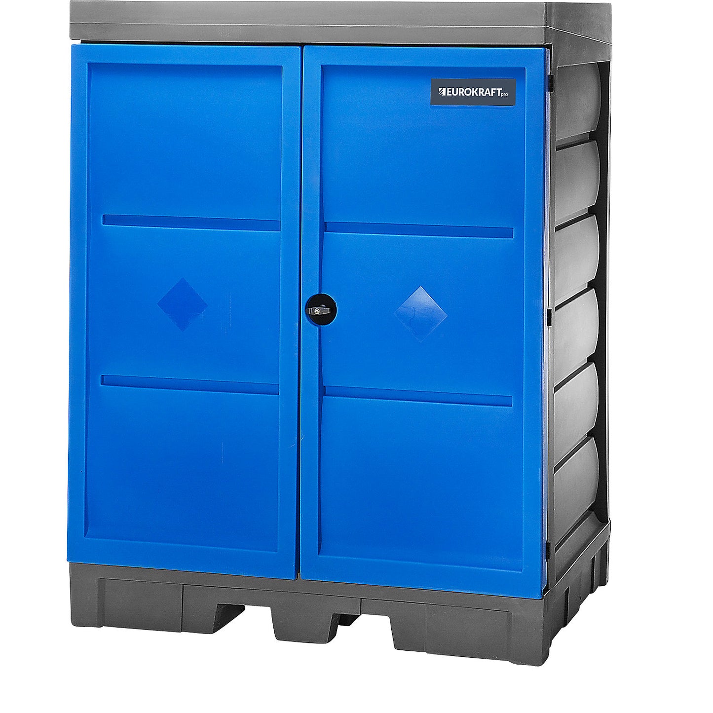 PE hazardous goods storage depot with doors, including shelf unit with shelves, collection capacity 250 l.