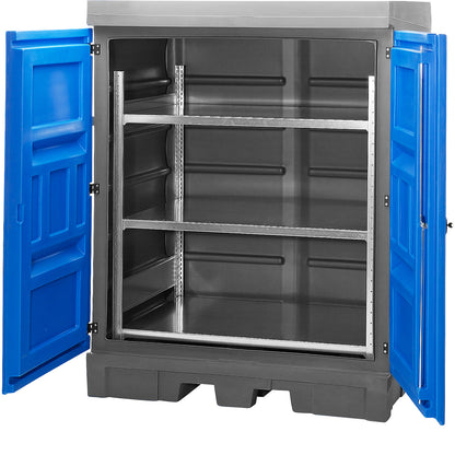 PE hazardous goods storage depot with doors, including shelf unit with shelves, collection capacity 250 l.
