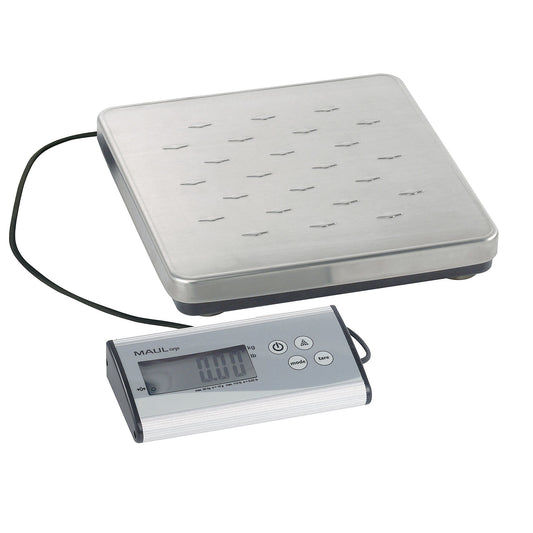 MAULcargo parcel scales, separate control unit, weighing range up to 50 kg, read-out accuracy 10 g, weighing plate 270 x 270 mm.