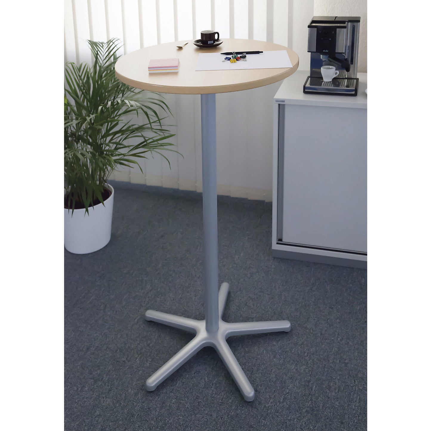 Pedestal table, Ø 600 mm, 1100 mm high, silver frame, beech finish tabletop.