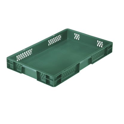 Euro stacking container, perforated walls, closed base, LxWxH 600 x 400 x 75 mm, green, pack of 5.