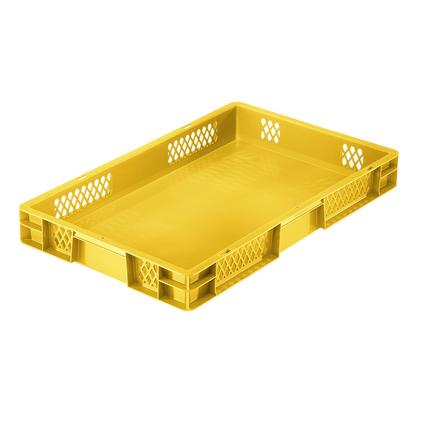 Euro stacking container, perforated walls, closed base, LxWxH 600 x 400 x 75 mm, yellow, pack of 5.