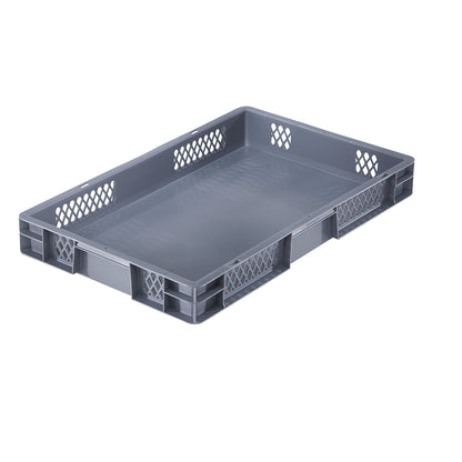 Euro stacking container, perforated walls, closed base, LxWxH 600 x 400 x 75 mm, grey, pack of 5.