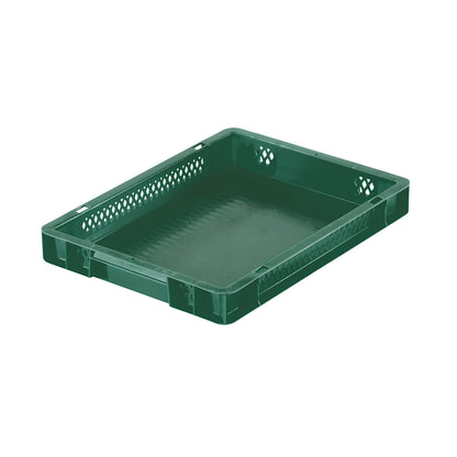 Euro stacking container, perforated walls, closed base, LxWxH 400 x 300 x 50 mm, green, pack of 5.