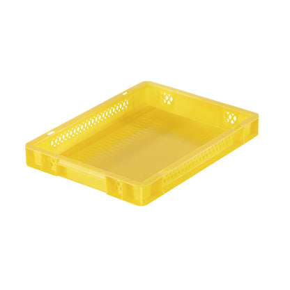 Euro stacking container, perforated walls, closed base, LxWxH 400 x 300 x 50 mm, yellow, pack of 5.