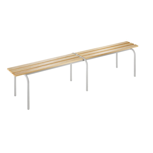 Changing room bench, stackable, clear varnished solid wood slats, length 2000 mm, light grey frame.