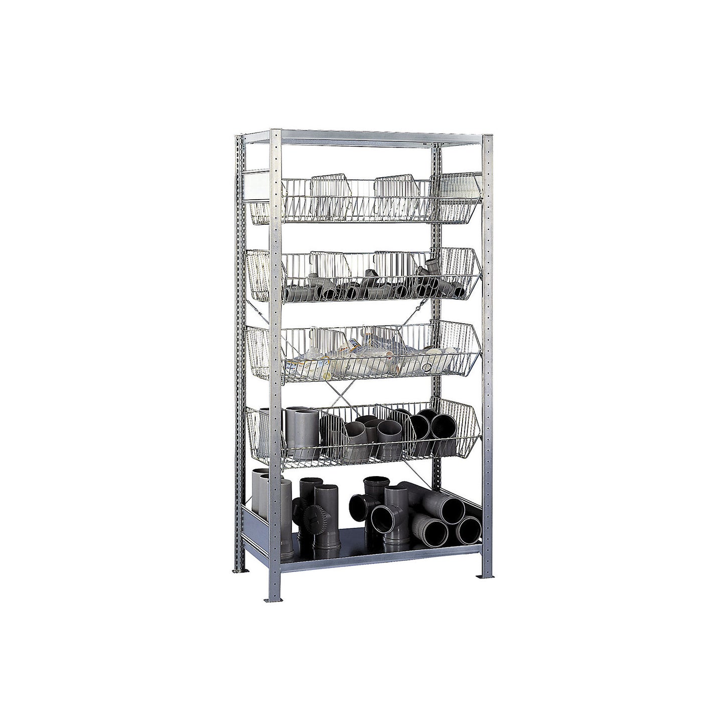Wire mesh basket shelving unit, zinc plated, WxD 1000 x 500 mm, with 4 baskets, extension shelf unit, height 2000 mm.