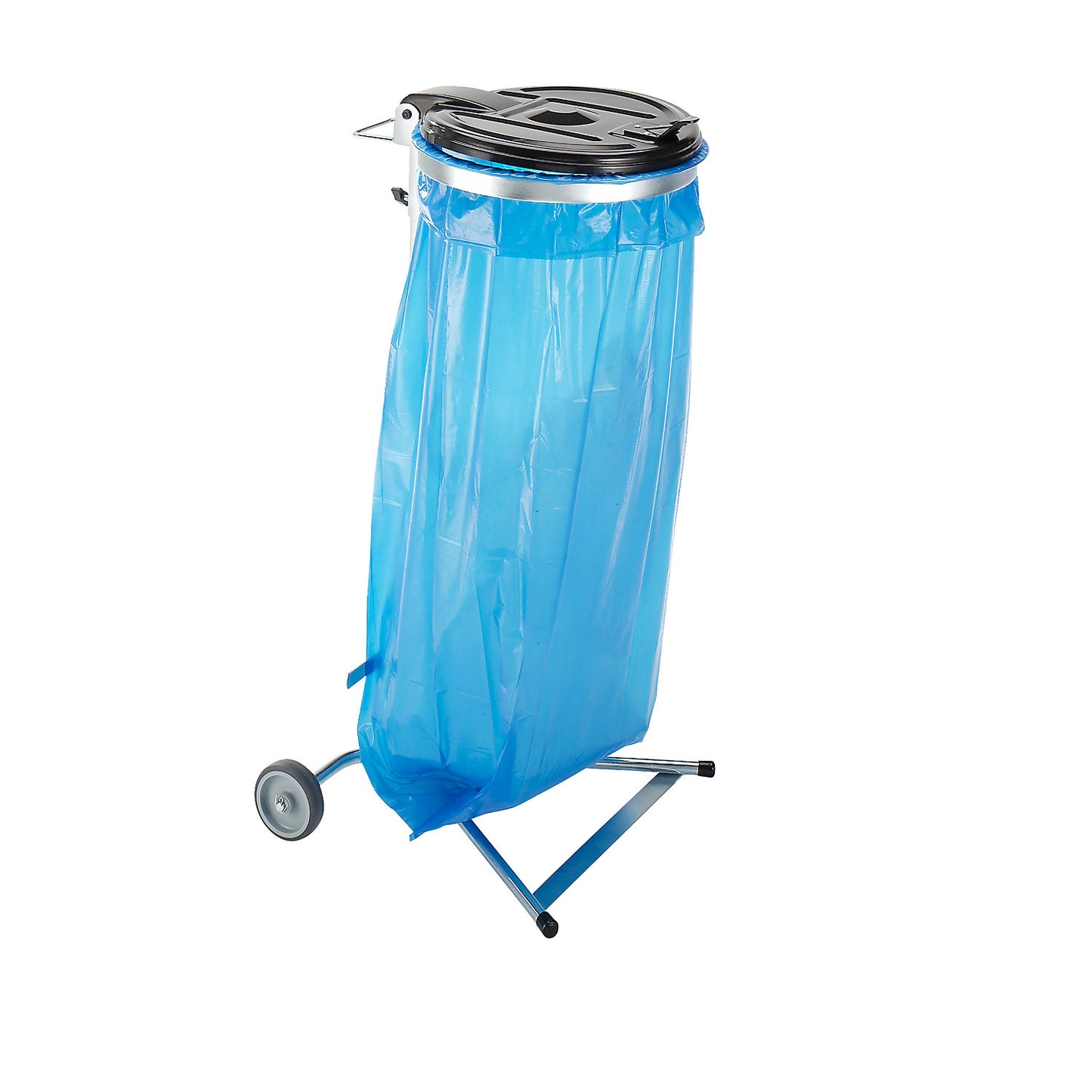 Waste sack stand, for capacity 120 l, 2-wheeled base, zinc plated, plastic lid.