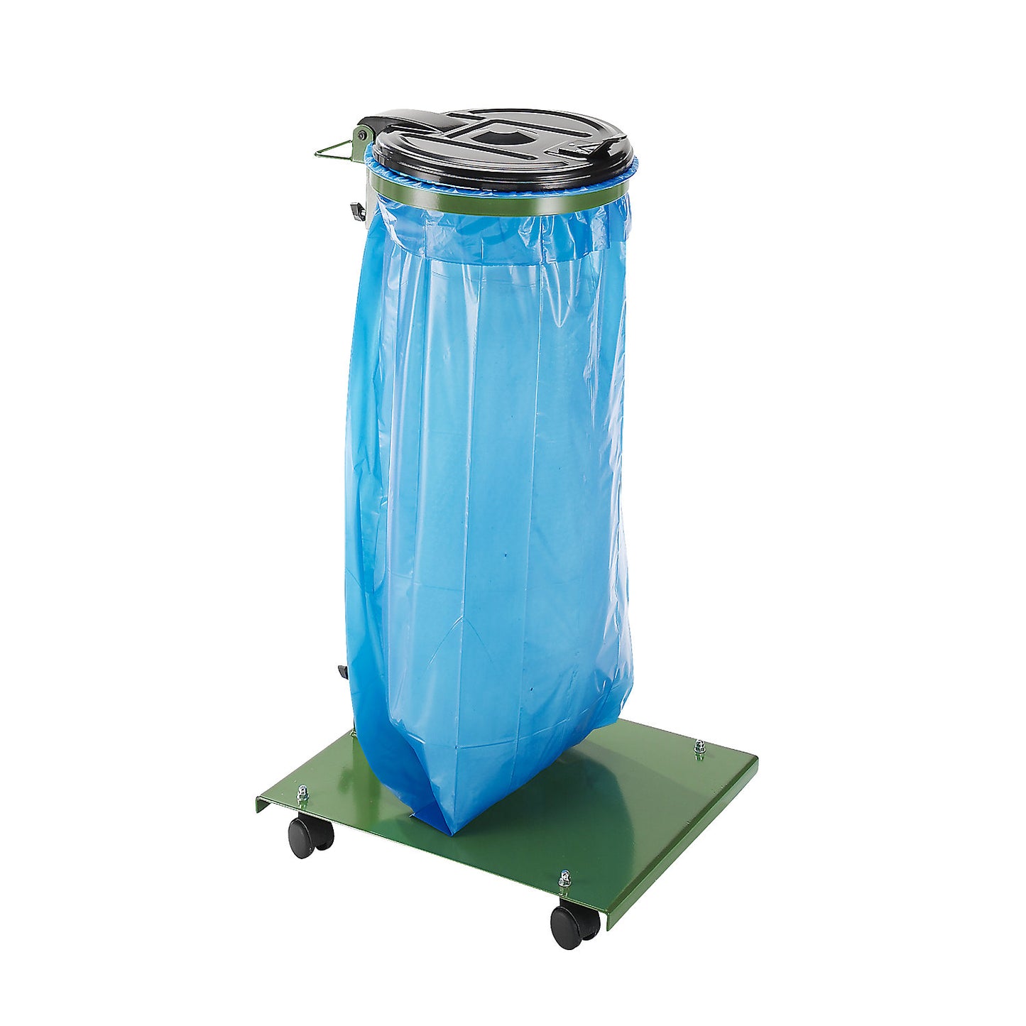 Waste sack stand, for capacity 120 l, with base plate, mobile, frame in green, lid in black.