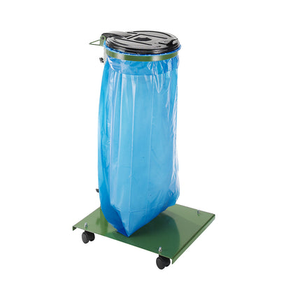 Waste sack stand, for capacity 120 l, with base plate, mobile, frame in green, lid in black.