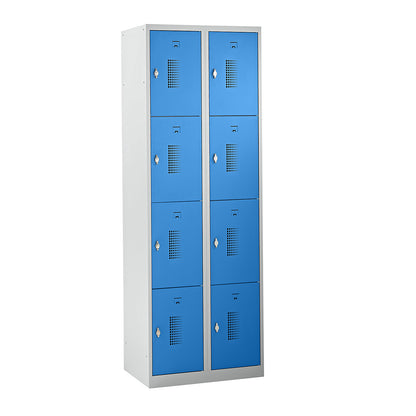 Amsterdam 4-fold compartment locker, 2 compartments, light grey / light blue, W 600 mm, 8 compartments, rotary bolt.