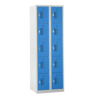 Amsterdam 5-fold compartment locker, 2 compartments, light grey / light blue, W 600 mm, 10 compartments, rotary bolt.