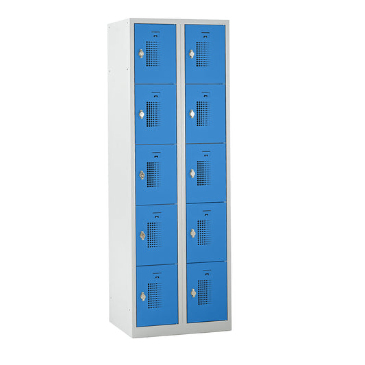 Amsterdam 5-fold compartment locker, 2 compartments, light grey / light blue, W 600 mm, 10 compartments, rotary bolt.