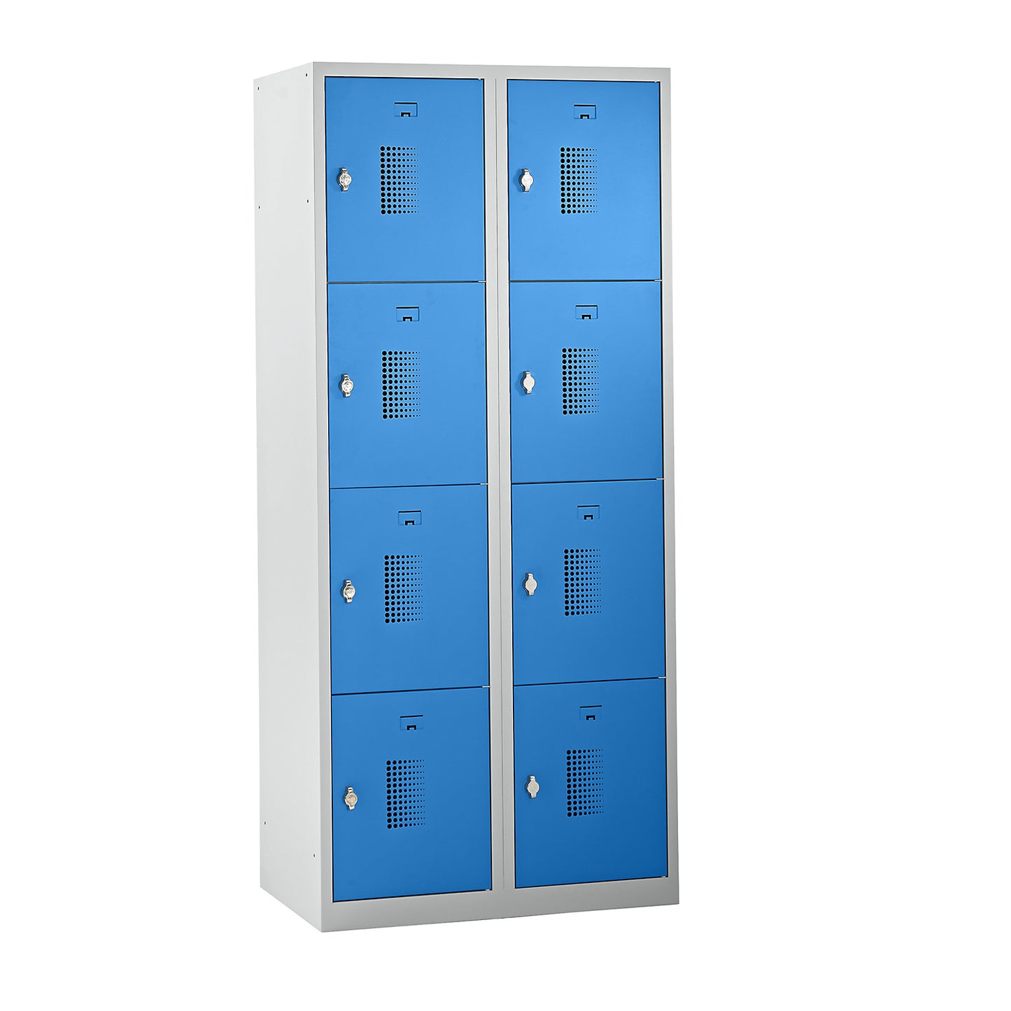 Amsterdam 4-fold compartment locker, 2 compartments, light grey / light blue, W 800 mm, 8 compartments, rotary bolt.