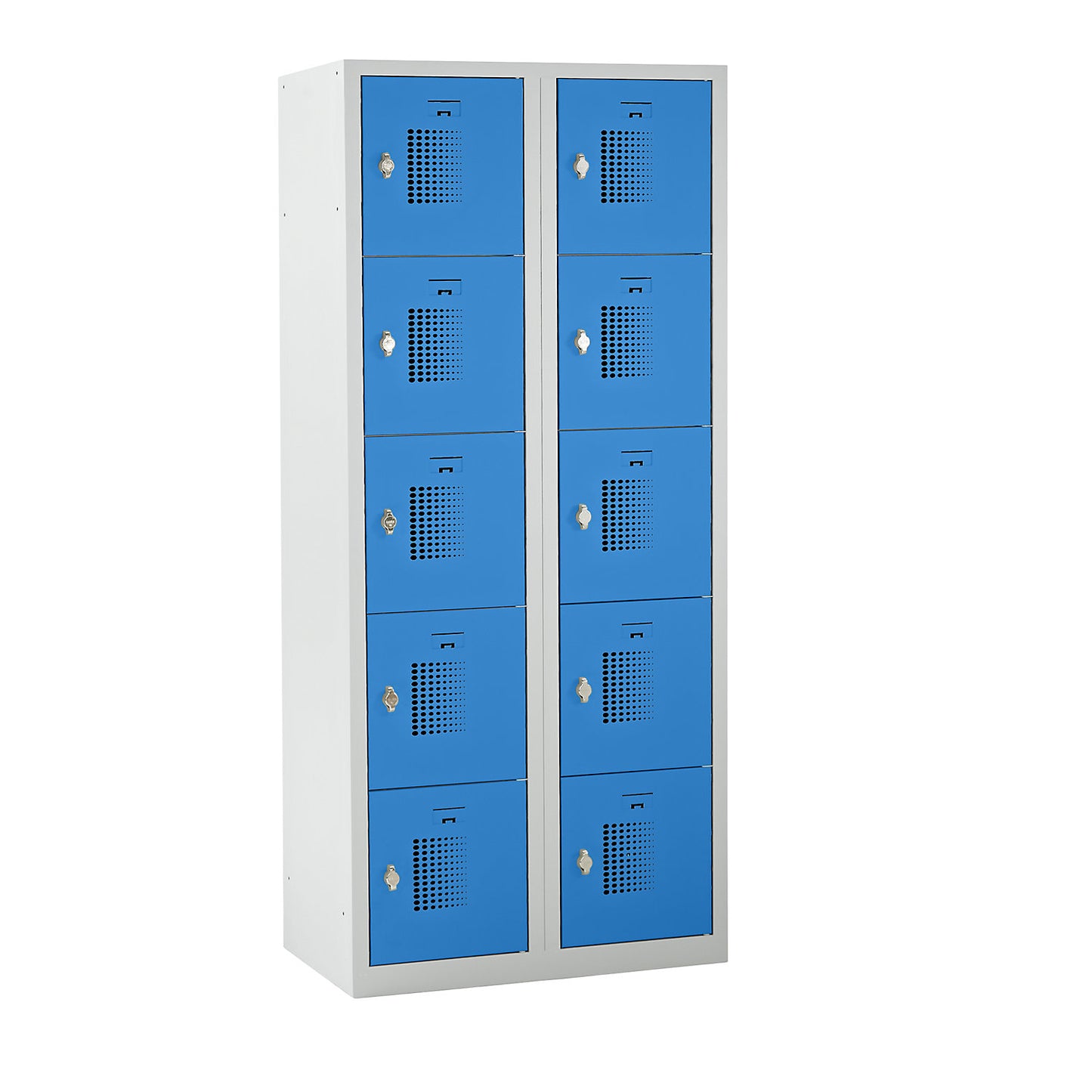 Amsterdam 5-fold compartment locker, 2 compartments, light grey / light blue, W 800 mm, 10 compartments, rotary bolt.