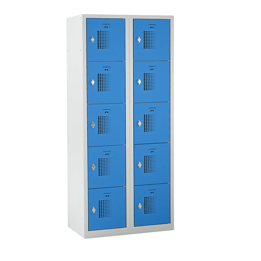 Amsterdam 5-fold compartment locker, 2 compartments, light grey / light blue, W 800 mm, 10 compartments, rotary bolt.