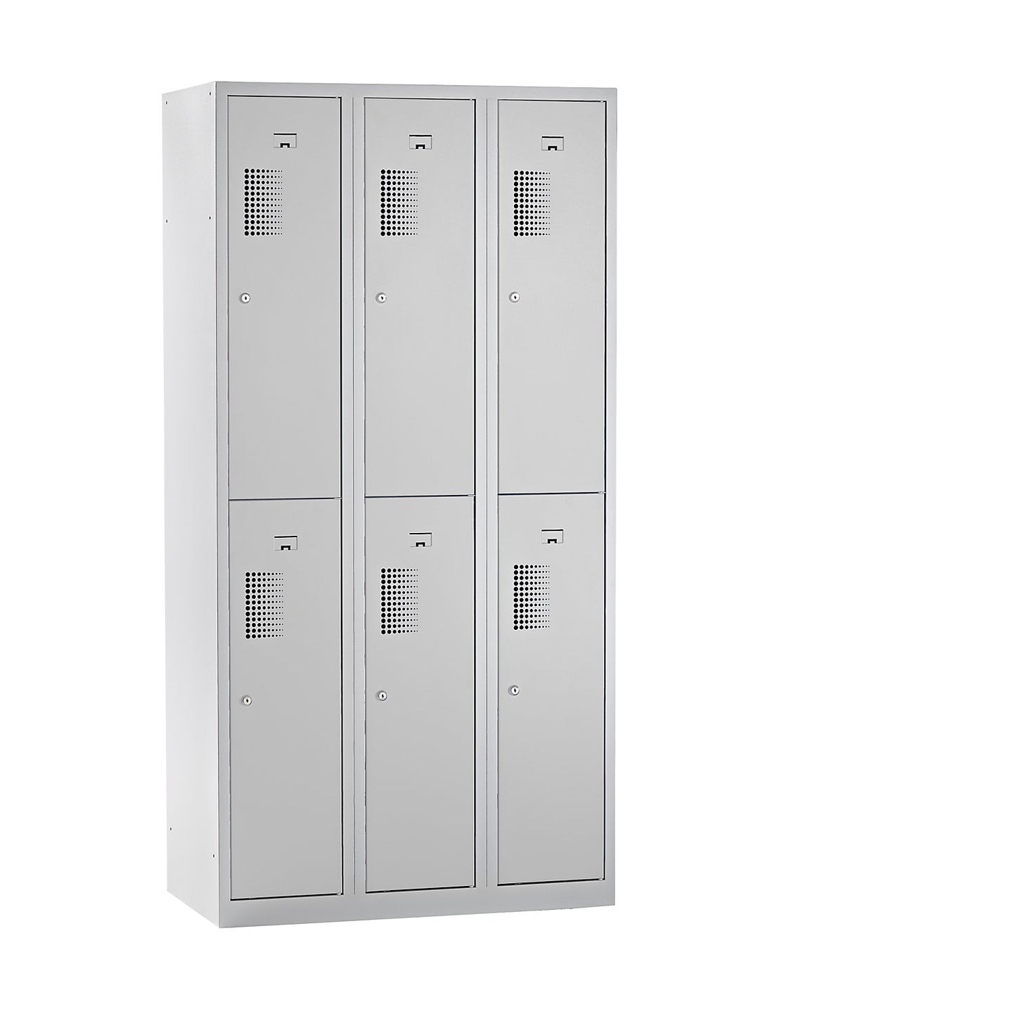 Amsterdam double deck clothes locker, 3 compartments, width 900 mm, 6 compartments, light grey.