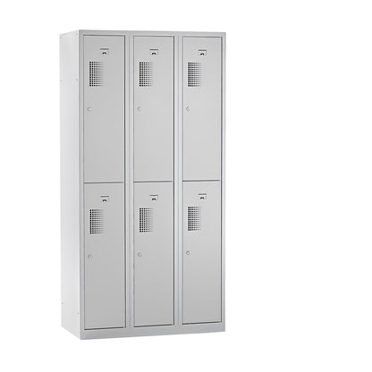 Amsterdam double deck clothes locker, 3 compartments, width 900 mm, 6 compartments, light grey.