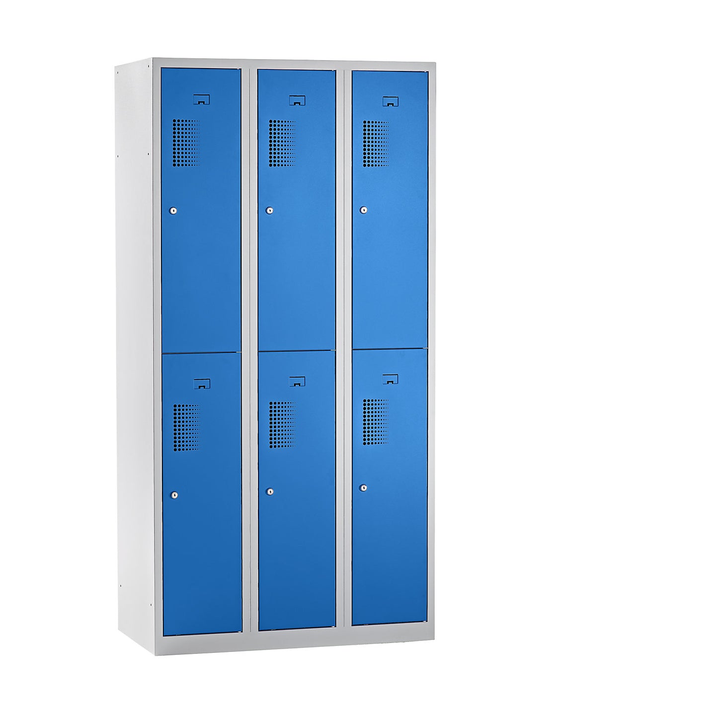 Amsterdam double deck clothes locker, 3 compartments, width 900 mm, 6 compartments, light grey / light blue.