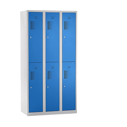 Amsterdam double deck clothes locker, 3 compartments, width 900 mm, 6 compartments, light grey / light blue.