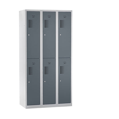 Amsterdam double deck clothes locker, 3 compartments, width 900 mm, 6 compartments, light grey / basalt grey.