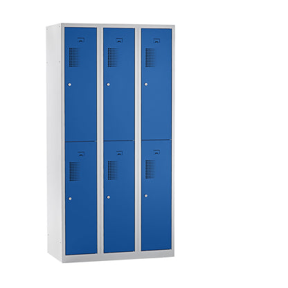 Amsterdam double deck clothes locker, 3 compartments, width 900 mm, 6 compartments, light grey / gentian blue.
