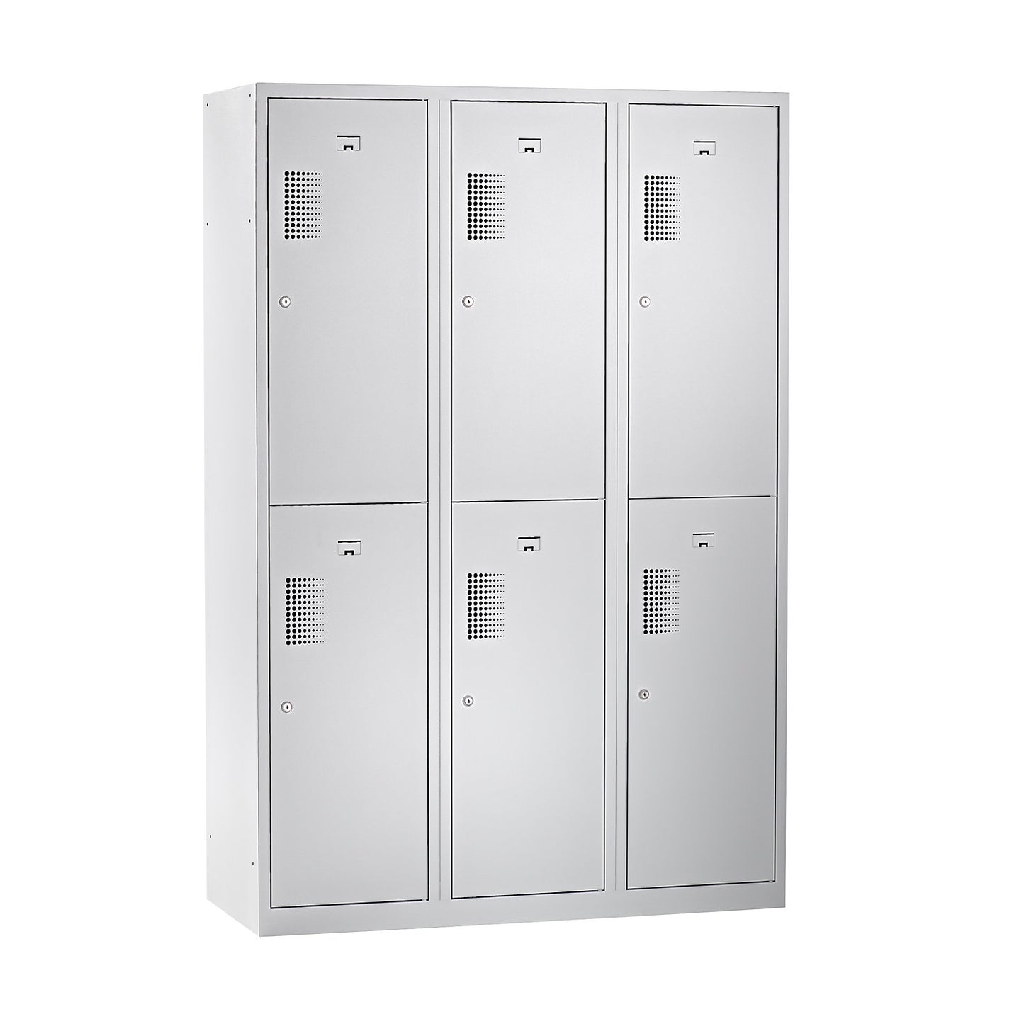 Amsterdam double deck clothes locker, 3 compartments, width 1200 mm, 6 compartments, light grey.