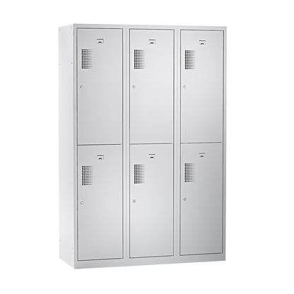 Amsterdam double deck clothes locker, 3 compartments, width 1200 mm, 6 compartments, light grey.
