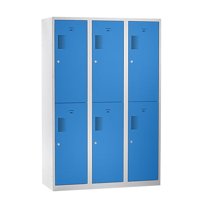 Amsterdam double deck clothes locker, 3 compartments, width 1200 mm, 6 compartments, light grey / light blue.
