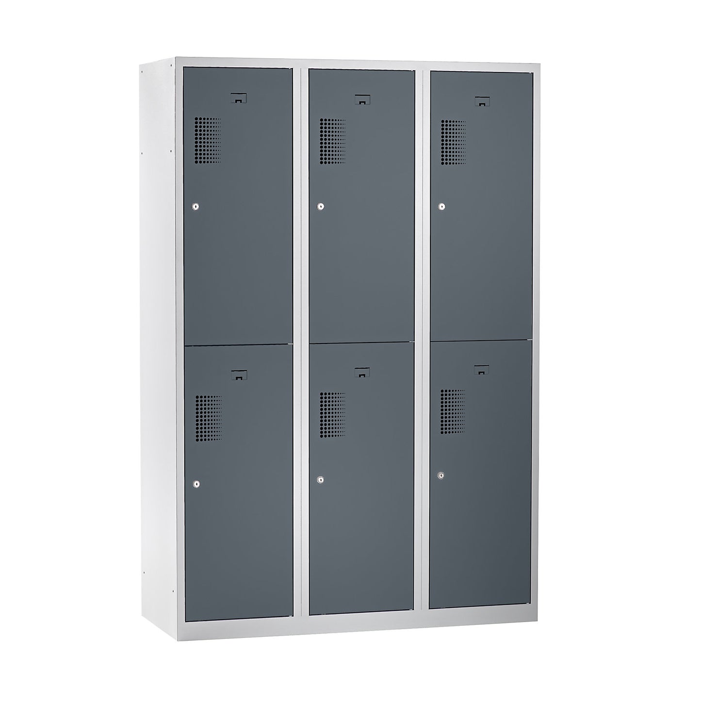 Amsterdam double deck clothes locker, 3 compartments, width 1200 mm, 6 compartments, light grey / basalt grey.