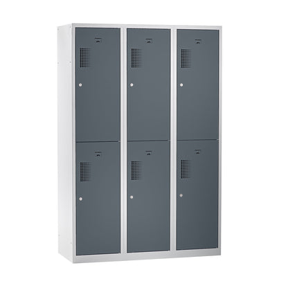 Amsterdam double deck clothes locker, 3 compartments, width 1200 mm, 6 compartments, light grey / basalt grey.