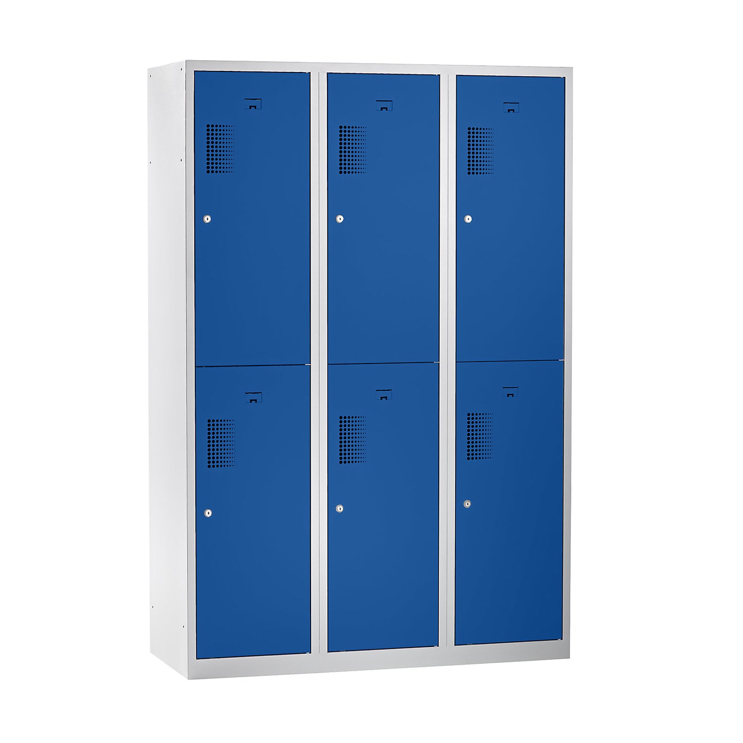 Amsterdam double deck clothes locker, 3 compartments, width 1200 mm, 6 compartments, light grey / gentian blue.