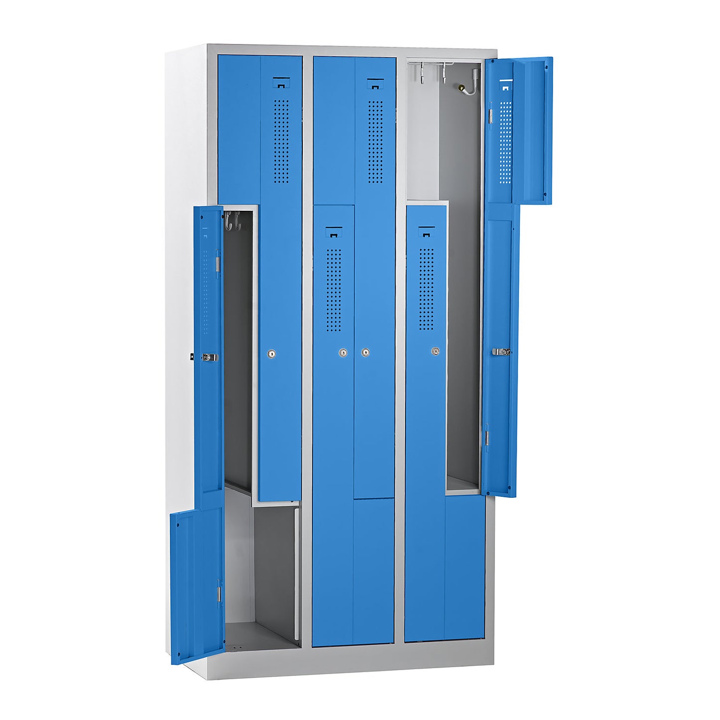 Amsterdam Z locker, 3 compartments, light grey / light blue, width 870 mm.