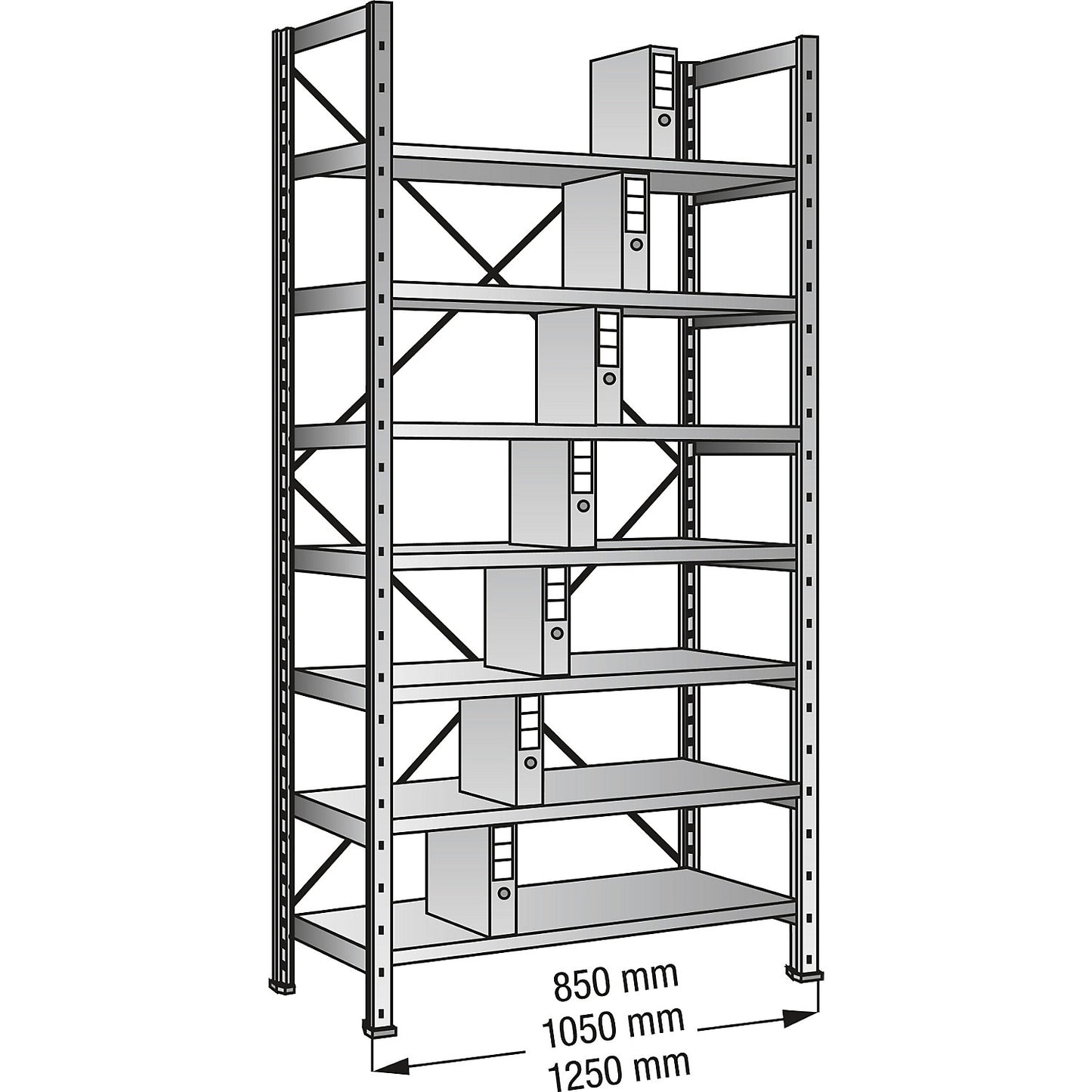 Boltless shelving units for files and archives, zinc plated, height 2640 mm, single sided, shelf WxD 800 x 300 mm, standard shelf unit.