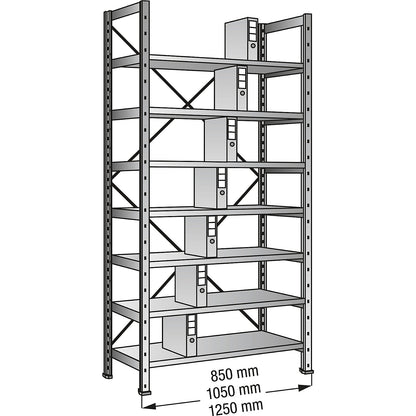 Boltless shelving units for files and archives, zinc plated, height 2640 mm, single sided, shelf WxD 800 x 300 mm, standard shelf unit.