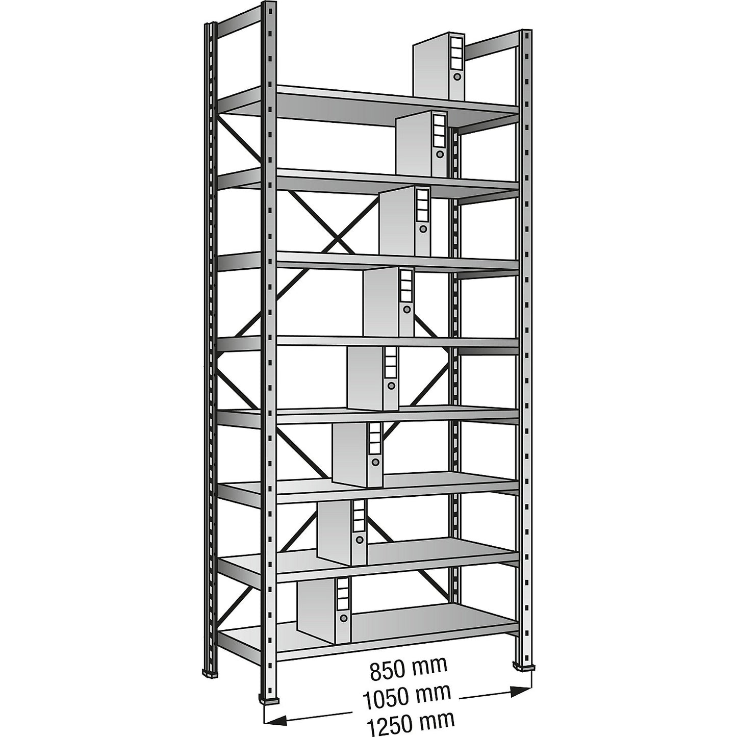 Boltless shelving units for files and archives, zinc plated, height 3000 mm, single sided, shelf WxD 1000 x 300 mm, standard shelf unit.