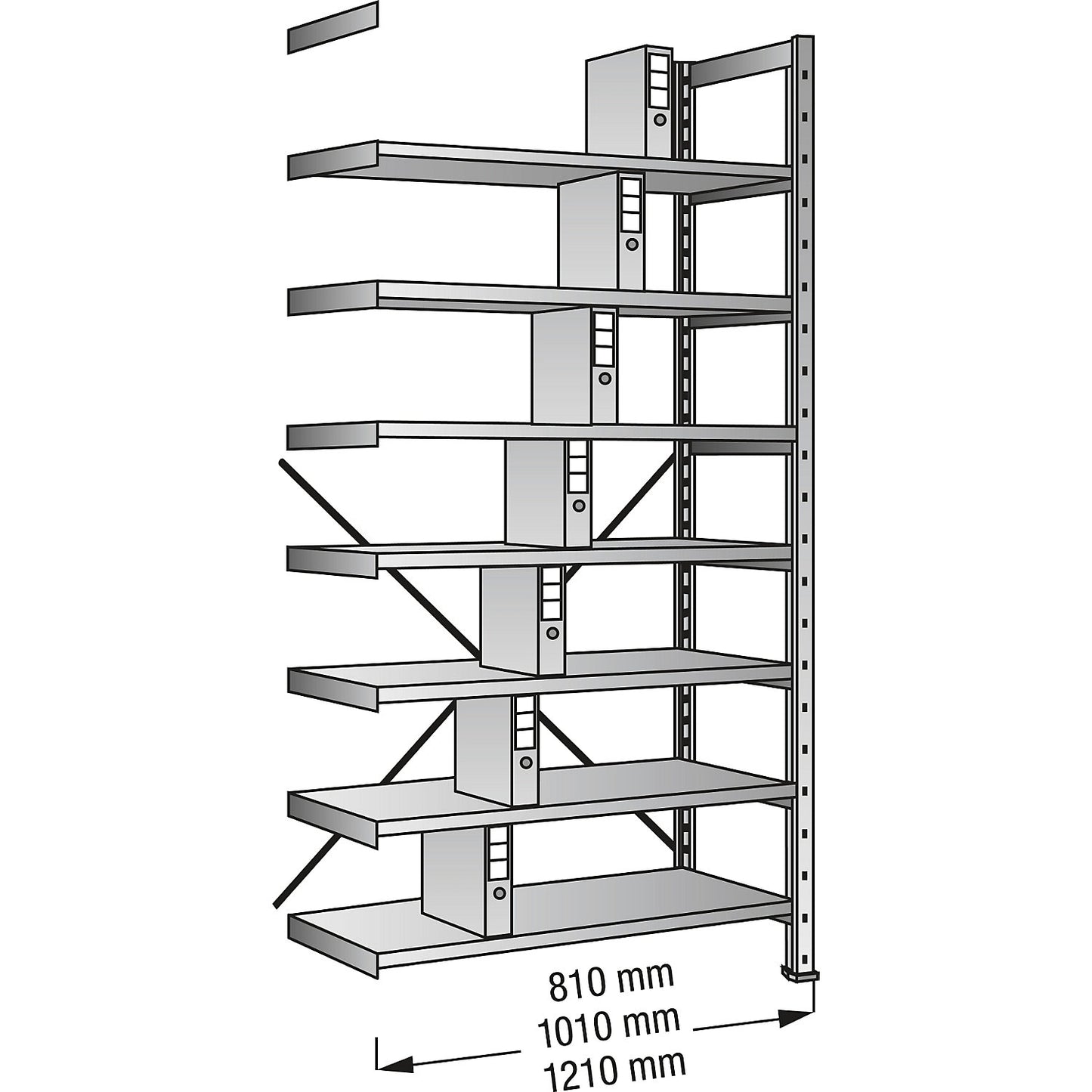 Boltless shelving units for files and archives, zinc plated, height 2640 mm, single sided, shelf WxD 1000 x 300 mm, extension shelf unit.