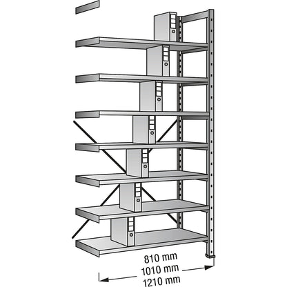 Boltless shelving units for files and archives, zinc plated, height 2640 mm, single sided, shelf WxD 1000 x 300 mm, extension shelf unit.