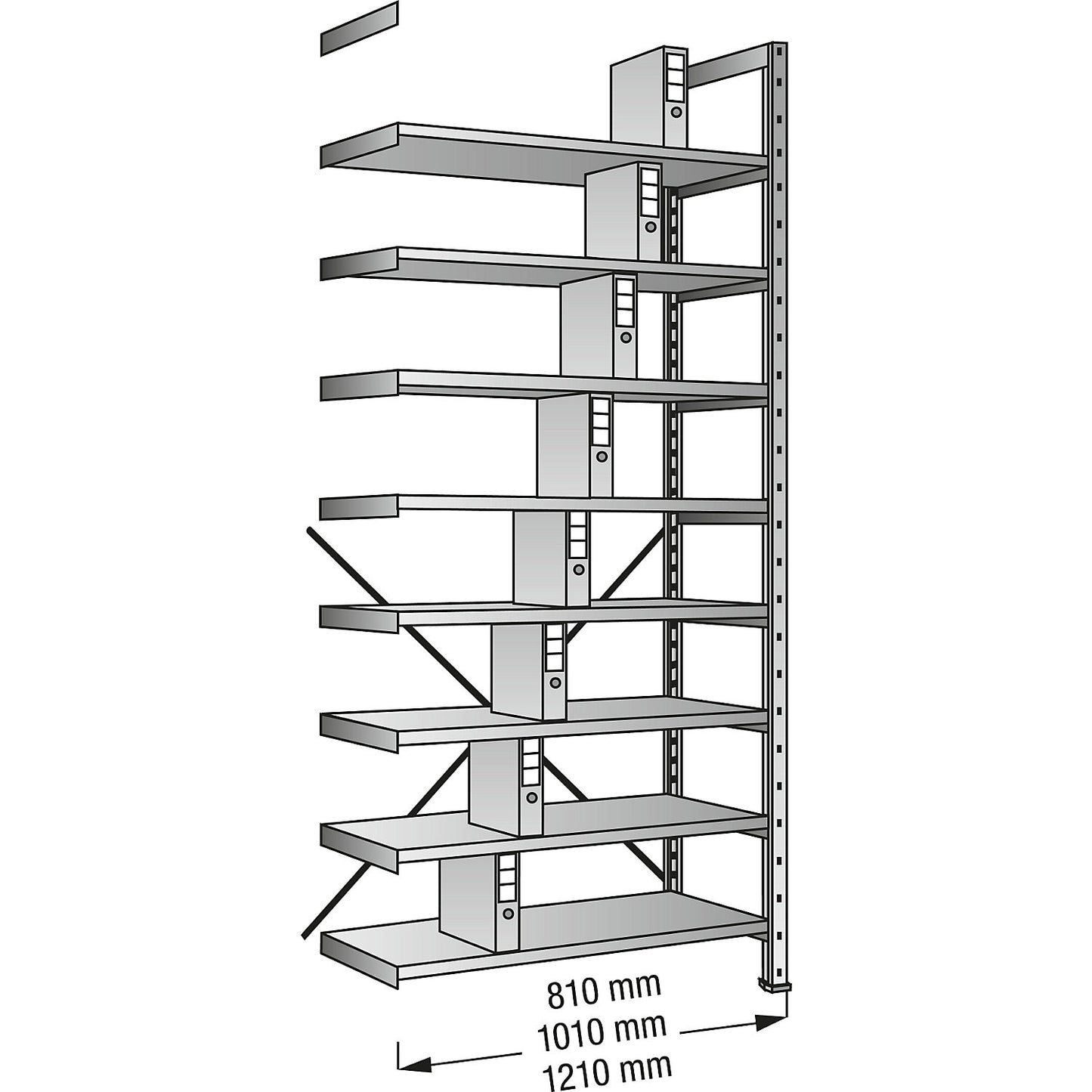 Boltless shelving units for files and archives, zinc plated, height 3000 mm, single sided, shelf WxD 800 x 300 mm, extension shelf unit.
