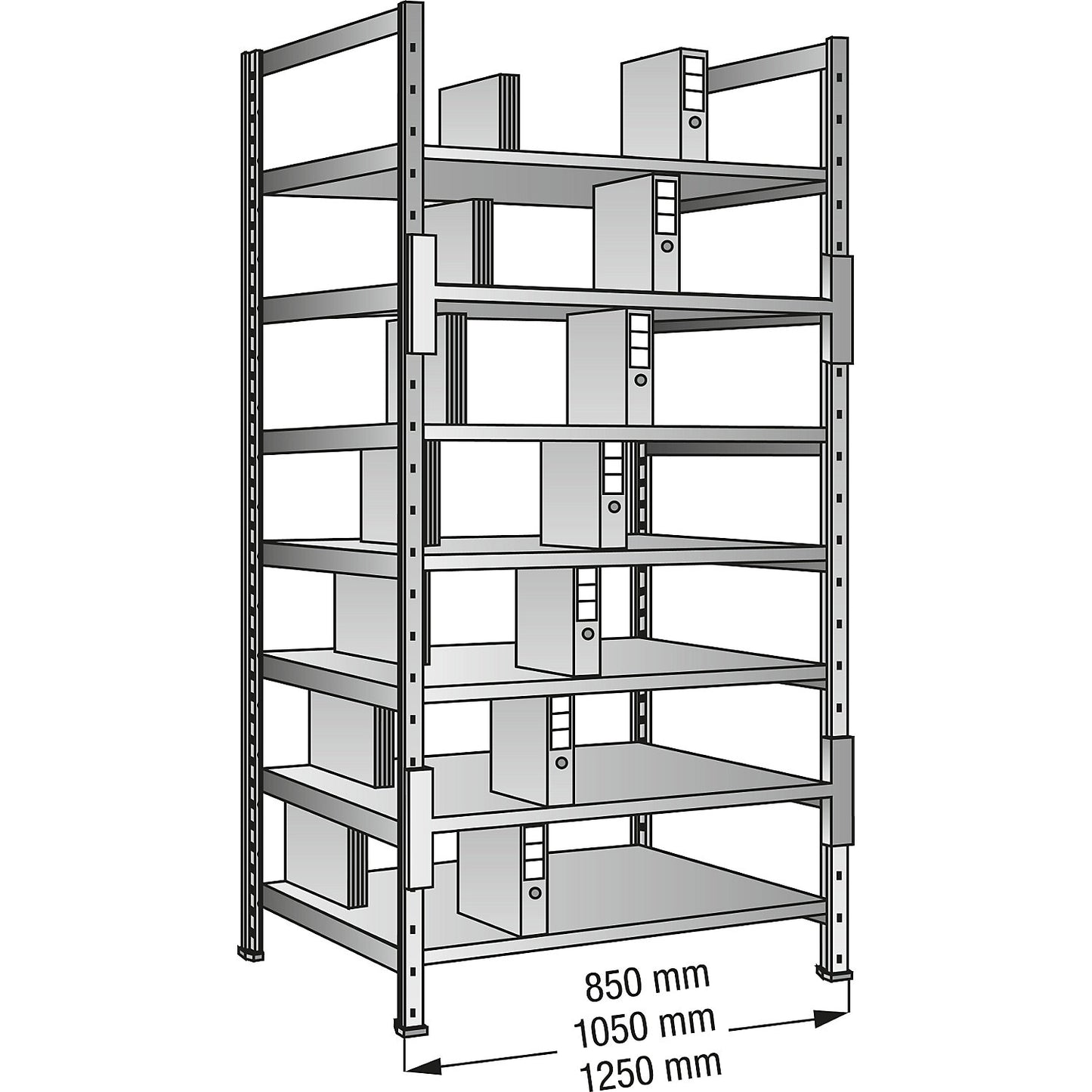 Boltless shelving units for files and archives, zinc plated, height 2640 mm, double sided, shelf WxD 1200 x 600 mm, standard shelf unit.