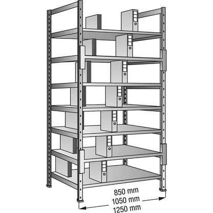 Boltless shelving units for files and archives, zinc plated, height 2640 mm, double sided, shelf WxD 1200 x 600 mm, standard shelf unit.